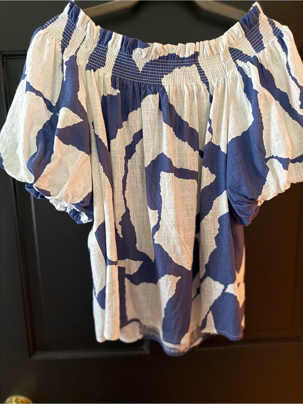 CeCe Blue and White Off-Shoulder Puff Sleeve Tunic